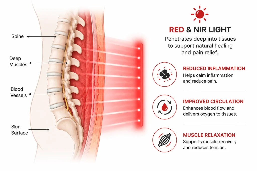 red light therapy back comfort circulation mechanism diagram