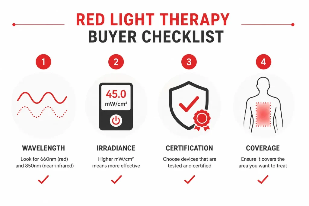 red light therapy device buying criteria checklist wavelength irradiance