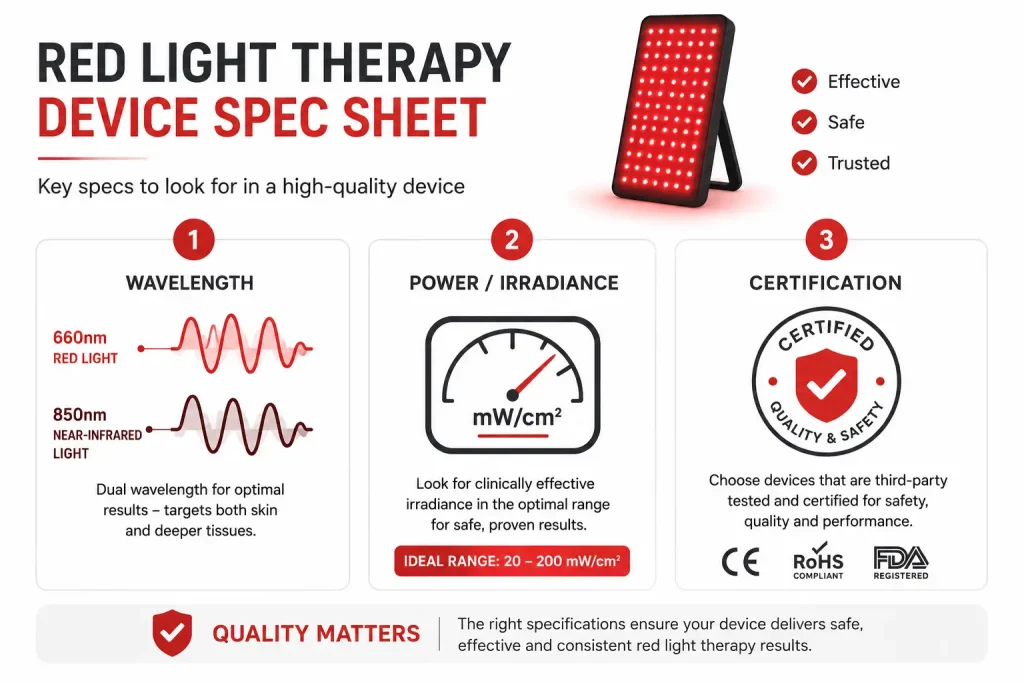 red light therapy wavelength irradiance specifications buying guide