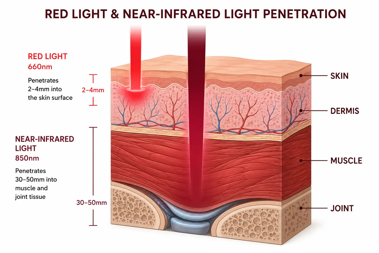660nm and 850nm red and near infrared light therapy wavelength diagram