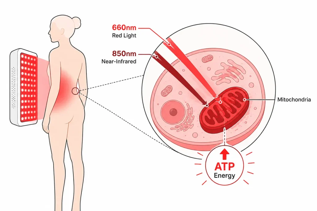 how does red light therapy work mitochondria cells diagram