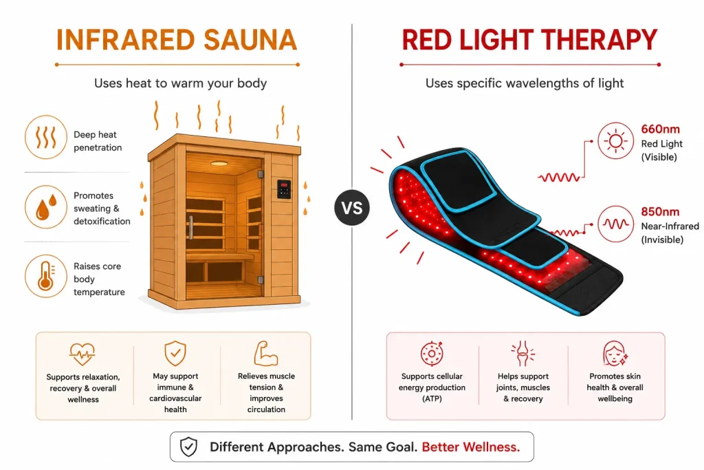 infrared sauna heat vs red light therapy LED light comparison