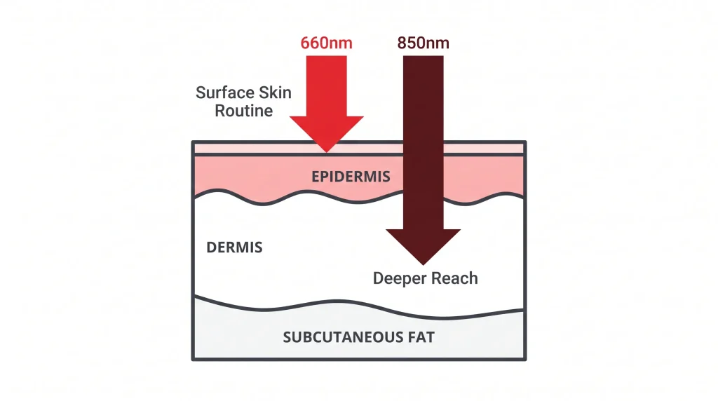 LED face mask wavelengths red 660nm near infrared 850nm skin diagram