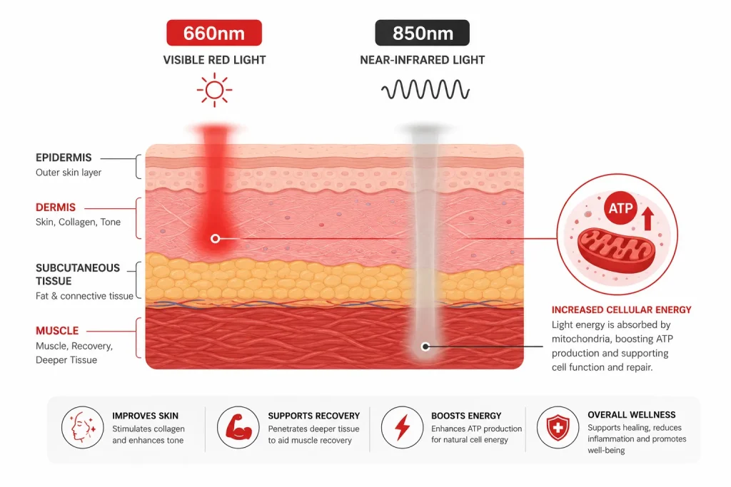 red light therapy how it works mitochondria wavelength diagram 660nm 850nm