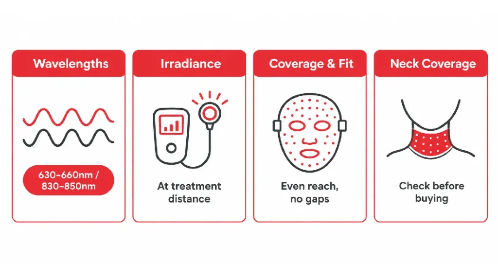 red light therapy mask buying checklist wavelength irradiance coverage