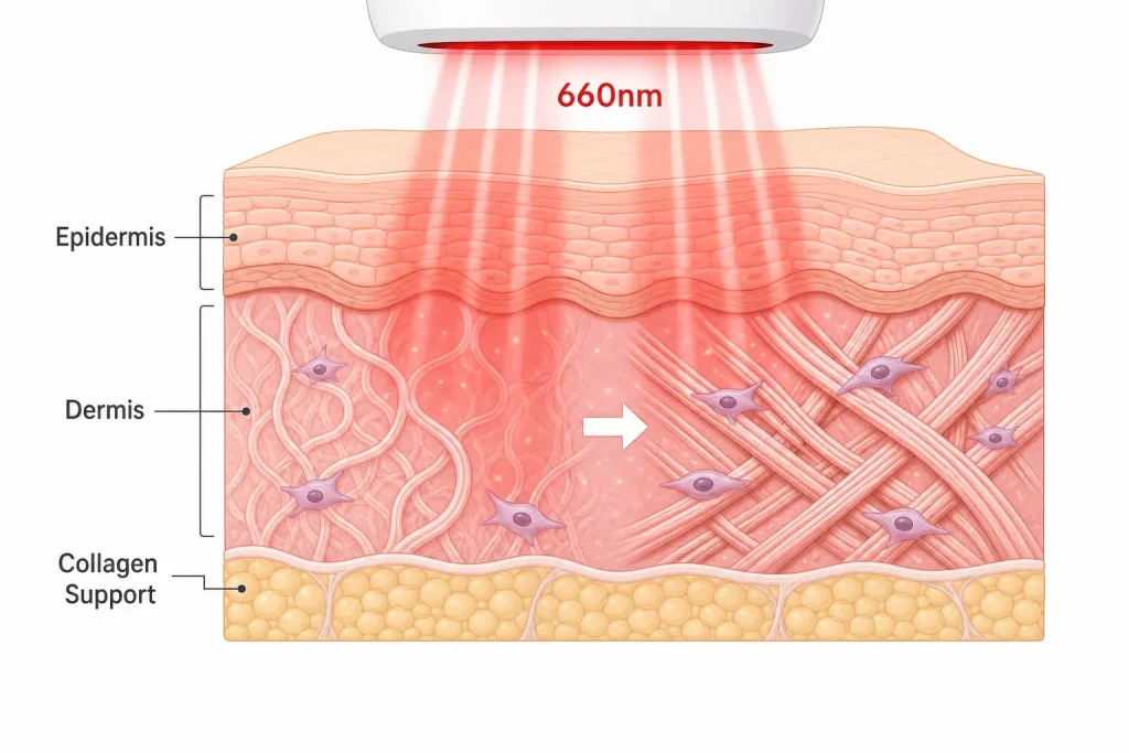red light therapy wrinkles collagen skin research 660nm