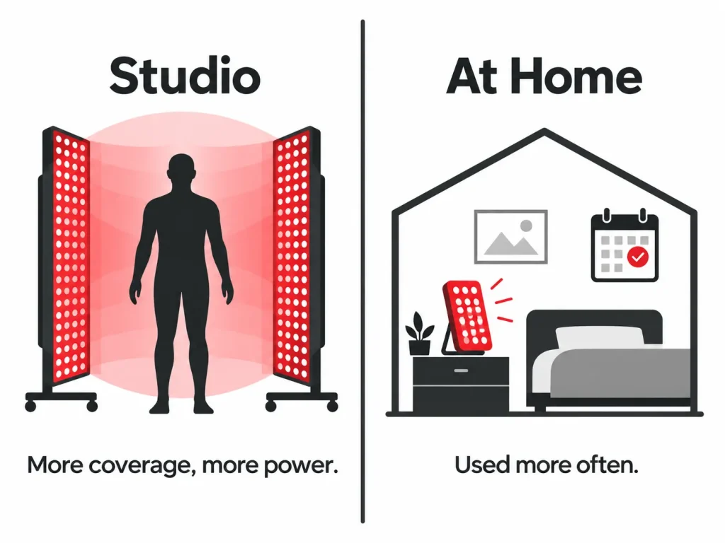 red light therapy studio coverage vs at-home consistency trade-off