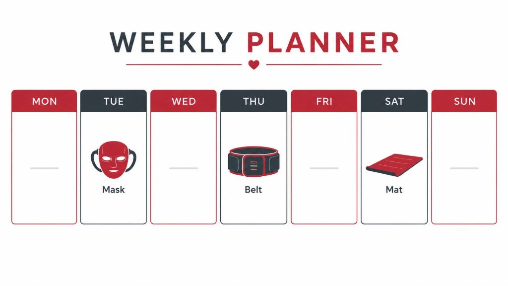 red light therapy weekly routine planning mask belt mat